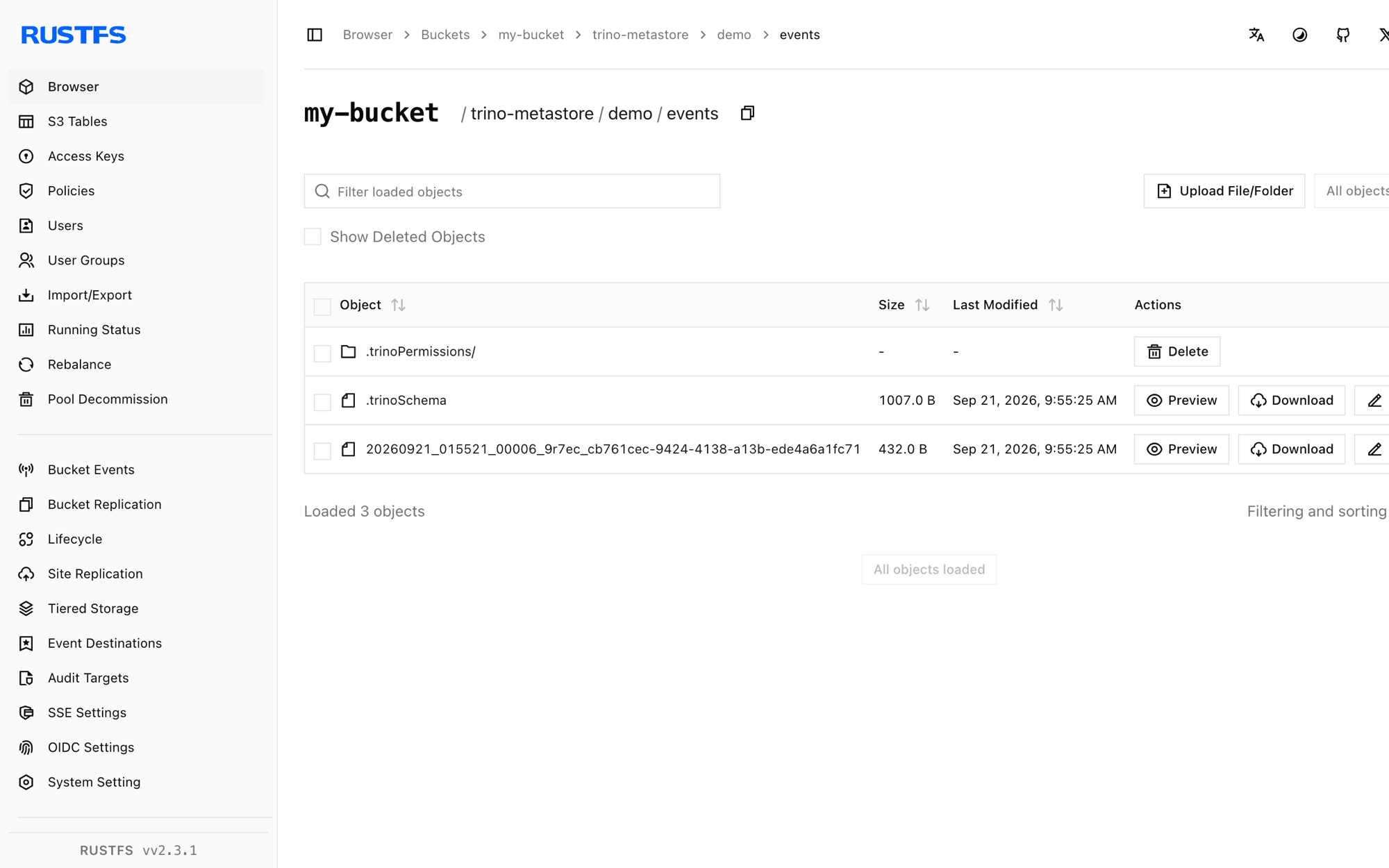 The Trino metadata and data objects stored in the RustFS Console