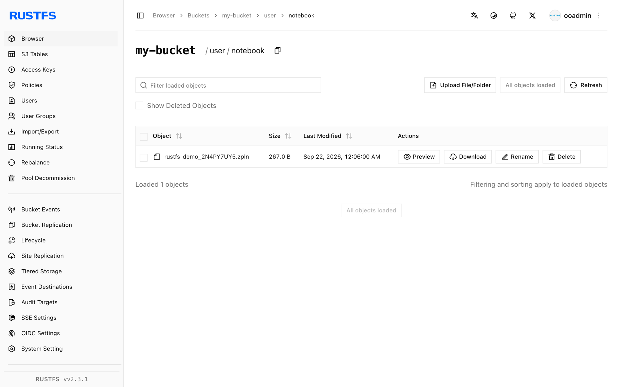 Zeppelin notebooks stored in the RustFS Console